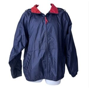 Bass Pro Shops Windbreaker Jacket Men XL Navy Blue Red Packable Hood Nylon